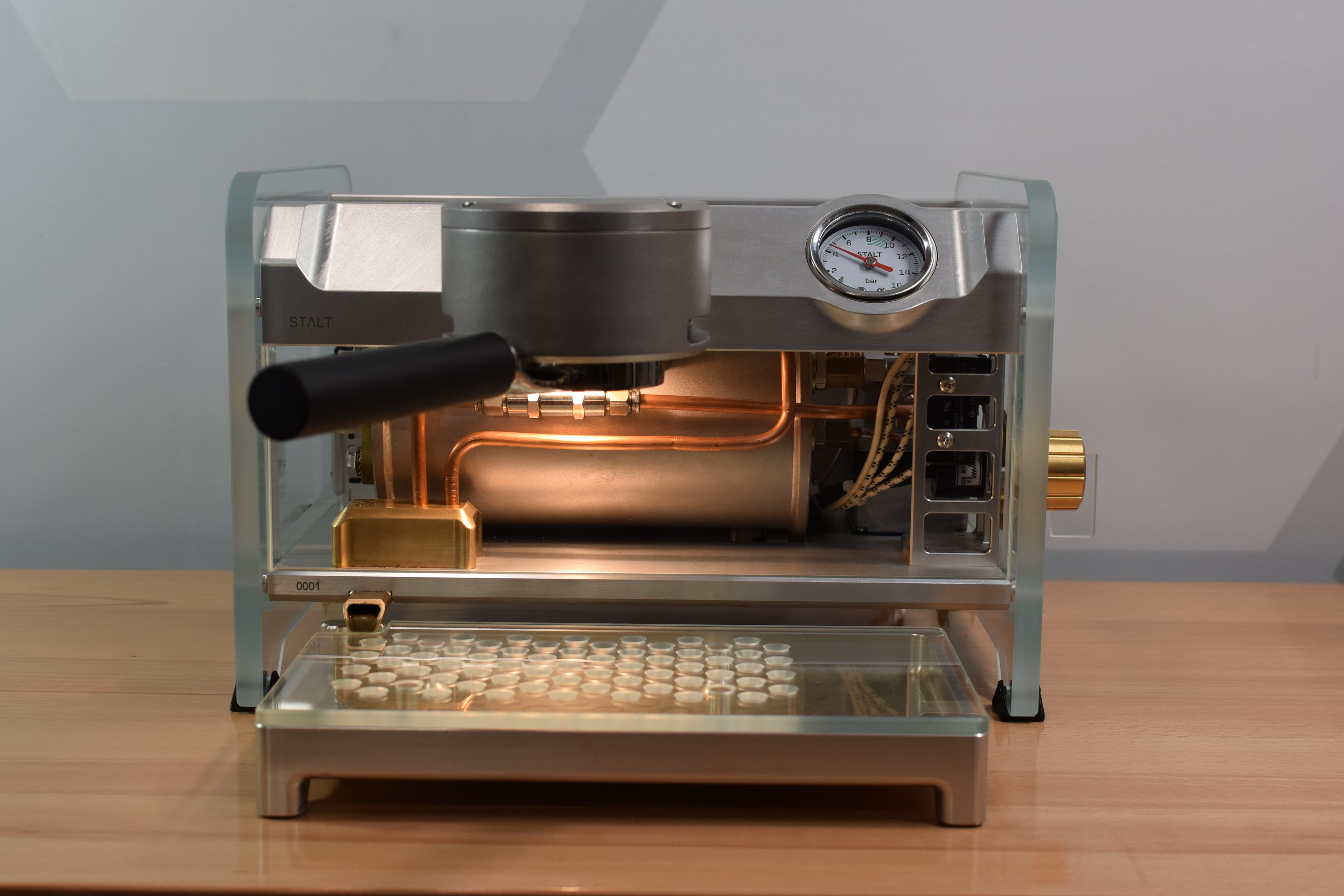 version 0001 of the stalt espresso machine front view with soft light